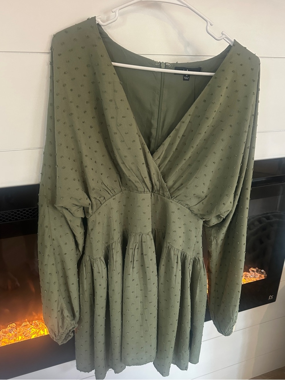 Lulu's Olive Green Textured V-Neck Long Sleeve Mini Dress